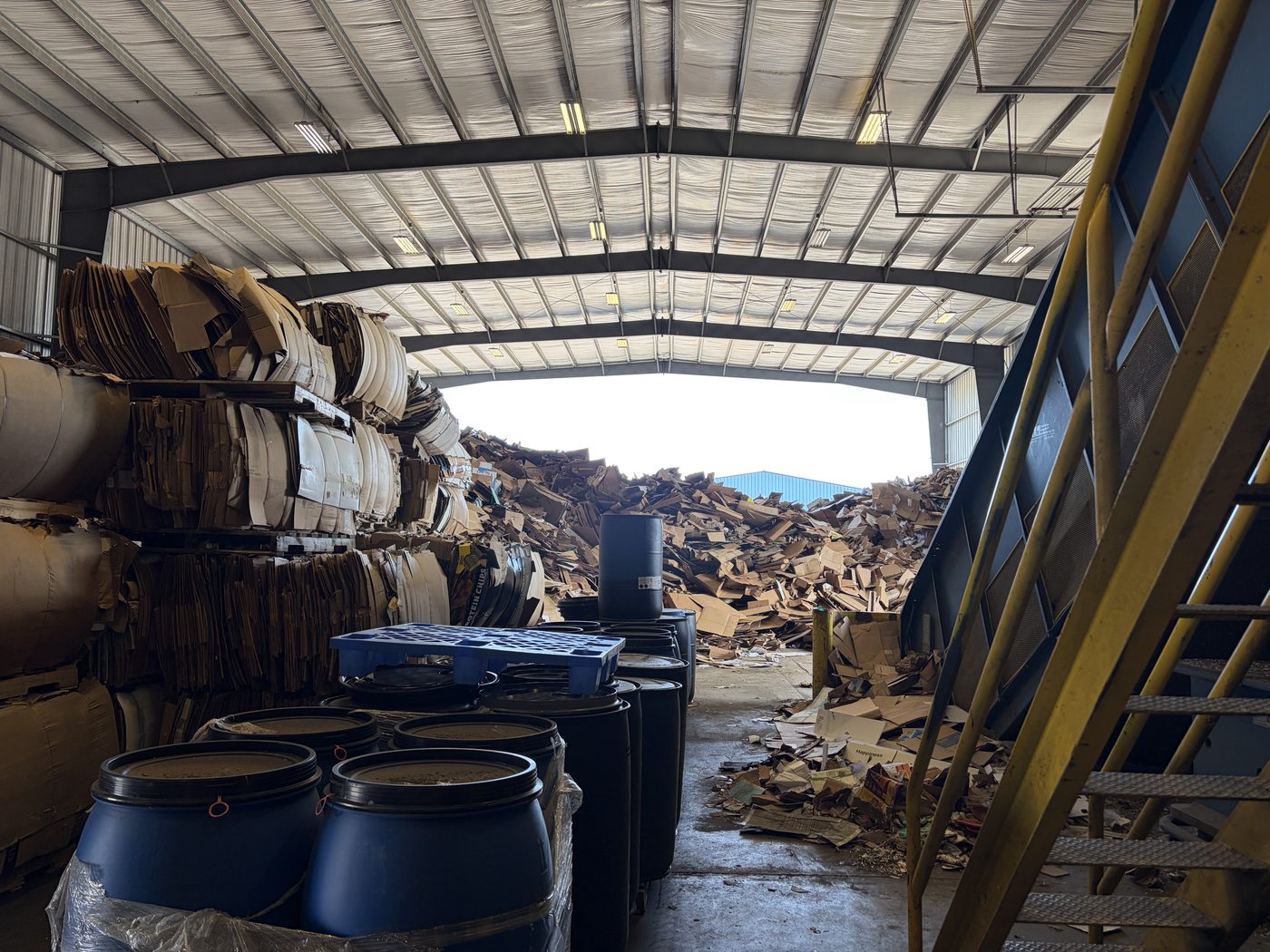 Baled cardboard under cover at the Skagit River Steel & Recycling facility