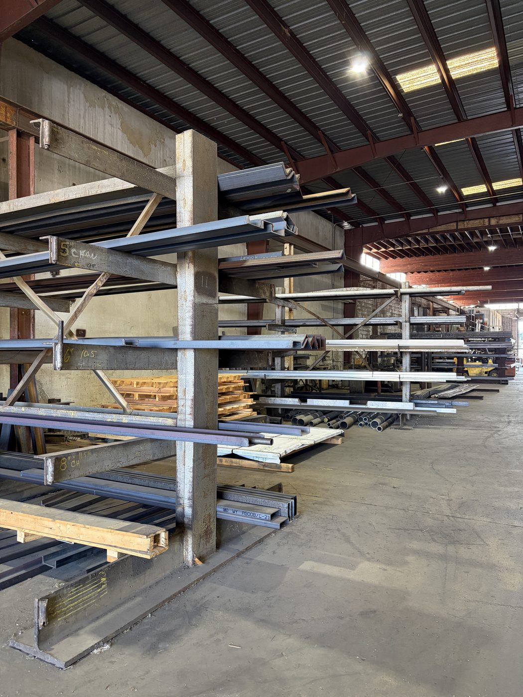 Racks of steel products in the Skagit River Steel & Recycling steel shop